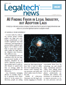 AI Finding Favor in Legal Industry, But Adoption Lags, Screenshot, Front Page
