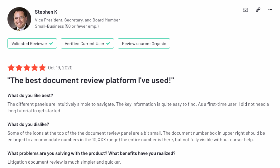 The best document review platform I've used! - Sightline 5 Star Review - Stephen K